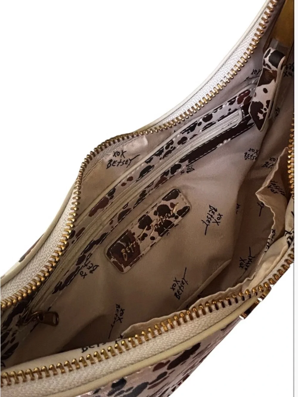 Betsey Johnson White Brown Black  Cowspot Hearts Crescent Shoulder Bag